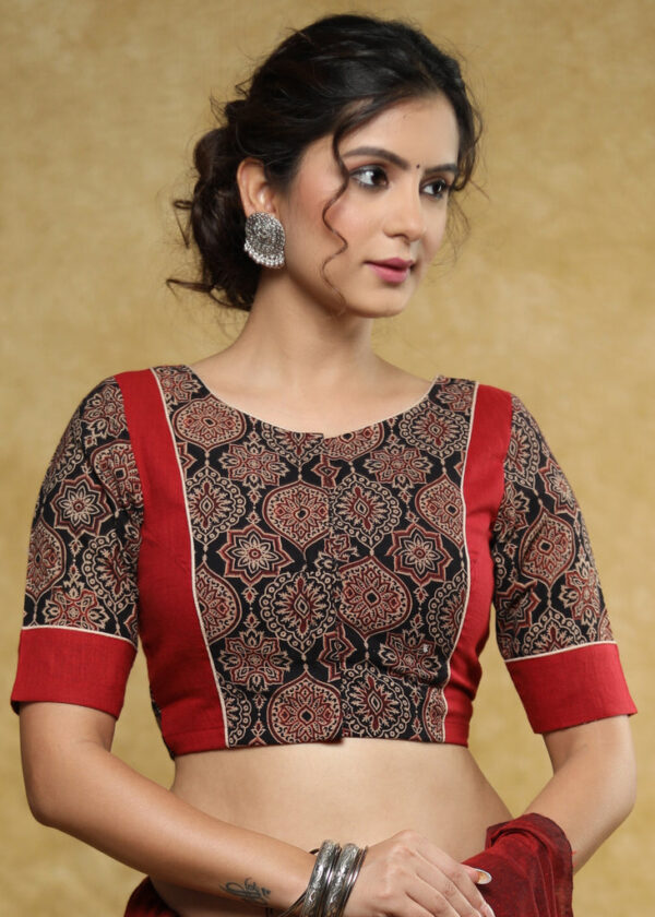 Women Black Hand Block Kalamkari Printed Cotton Saree Blouse - Image 2