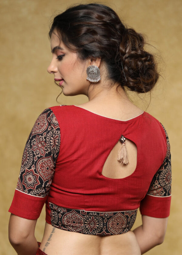 Women Black Hand Block Kalamkari Printed Cotton Saree Blouse