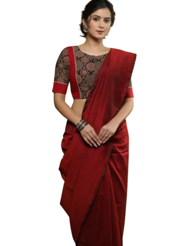 Women Black Hand Block Kalamkari Printed Cotton Saree Blouse - Image 3